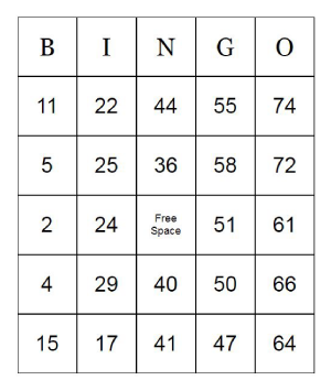 Classic Number Bingo Card