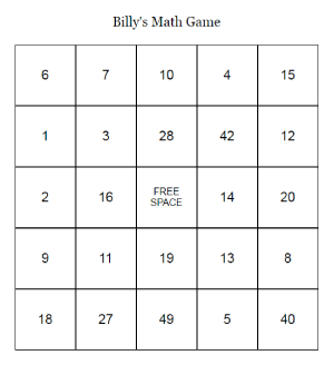 Math Bingo Card